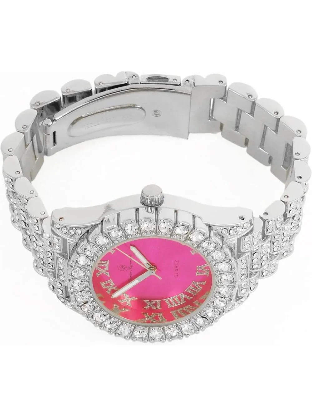 Women's Silver Hot Pink Big Rocks Bezel Colored Dial with Roman Numerals Watch